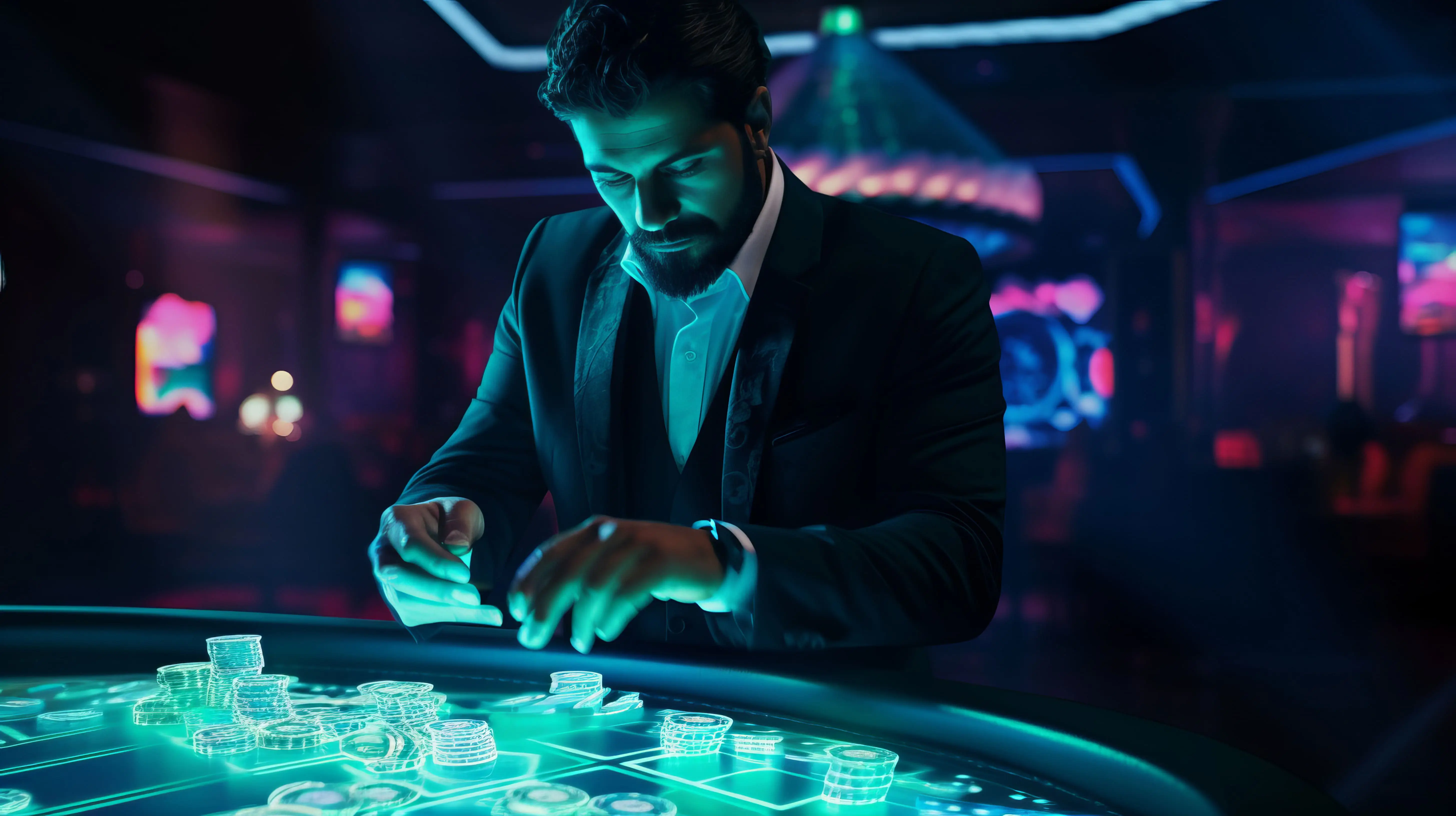 Professional player interacting with digital igaming casino table powered by gambling algorithms