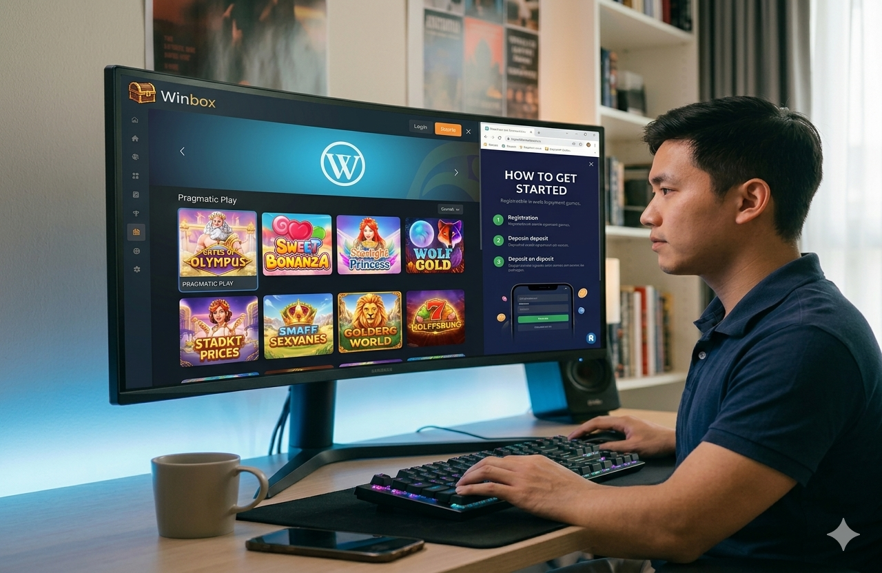 Seorang lelaki duduk di meja di hadapan monitor ultra-wide melengkung yang memaparkan laman kasino Winbox dengan pelbagai slots dan bahagian "HOW TO GET STARTED", sambil menaip pada gaming keyboard.
